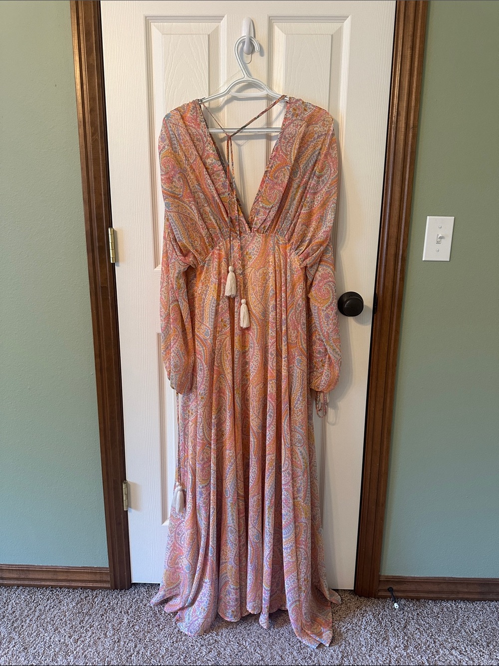 Peach Paisley V-Neck Maxi Dress with Tassel Tie